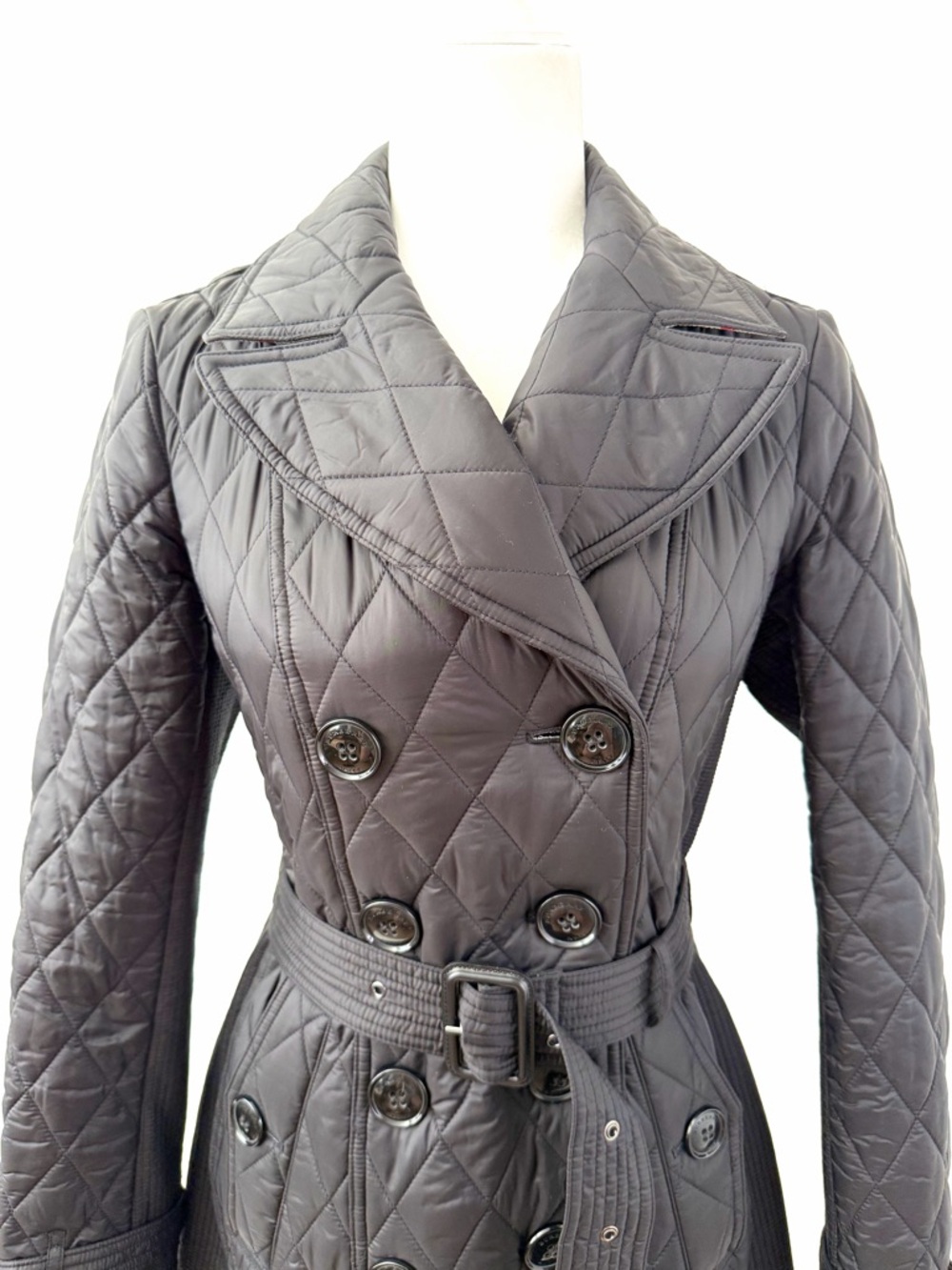 BURBERRY | Black‎ Quilted Double Breasted Trench Coat Belted Jacket Check Small - Picture 3 of 12